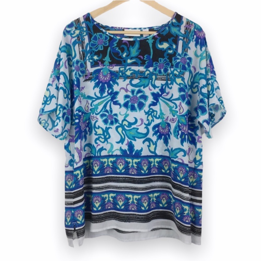 Chicos Blue Purple White Floral Short Sleeve Tunic Blouse Top Shirt 2 Large L
